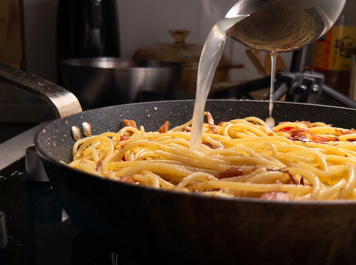 Chochla wlewająca gorącą, skrobiową wodę z makaronu na spaghetti na patelni, aby stworzyć sos.