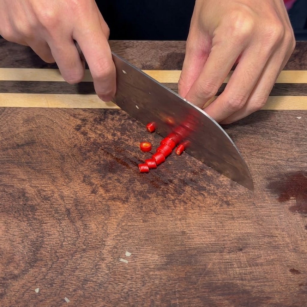 Świeżo pokrojone kawałki czerwonego chilli na drewnianej powierzchni.