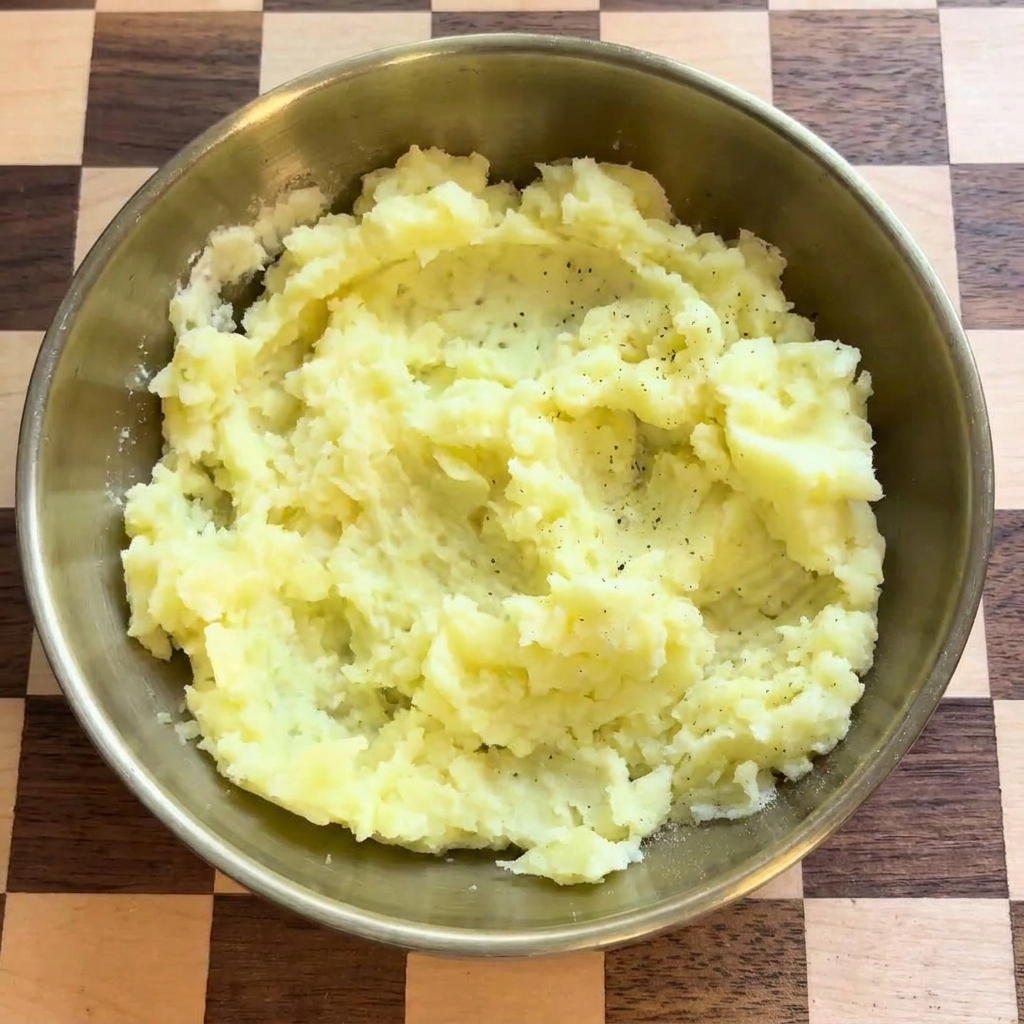 Świeżo mielony pieprz dodawany do miski z puree ziemniaczanym.