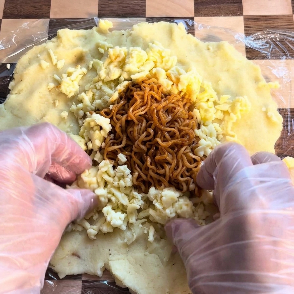 Tarta mozzarella układana w okrąg wokół makaronu.