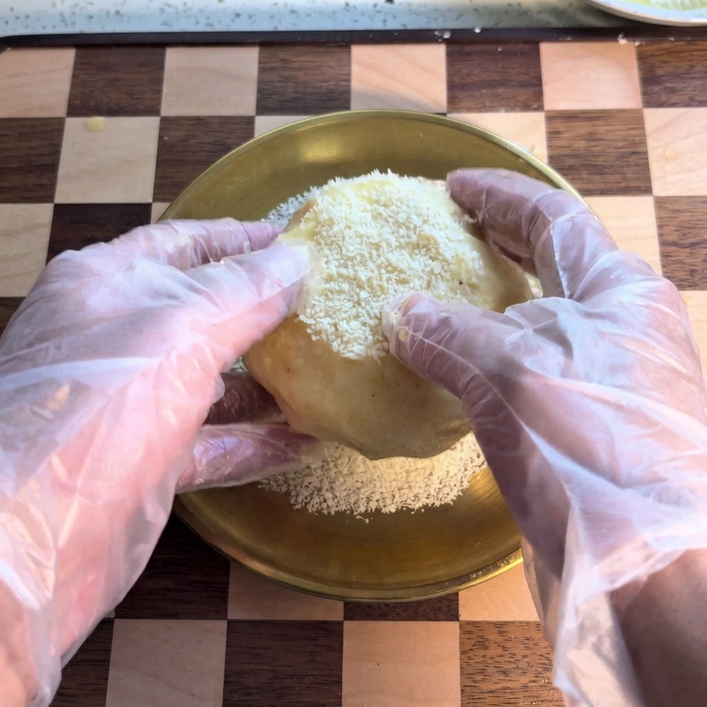Kulka obtaczana w panko w złotej misce.