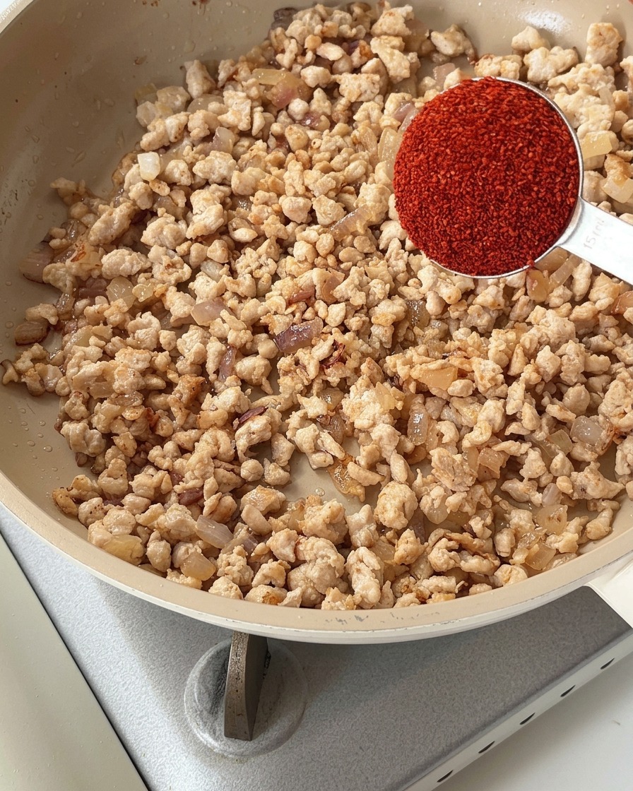 Mielony kurczak smażący się na patelni z dodatkiem chili w proszku i przecieru pomidorowego.