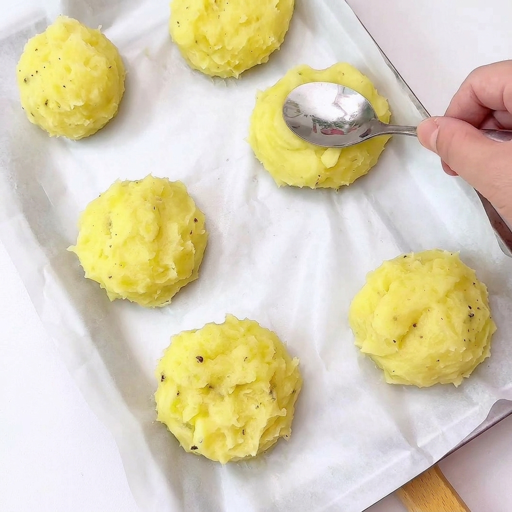 Porcje puree ziemniaczanego na blaszce formowane łyżką w kształt miseczek.