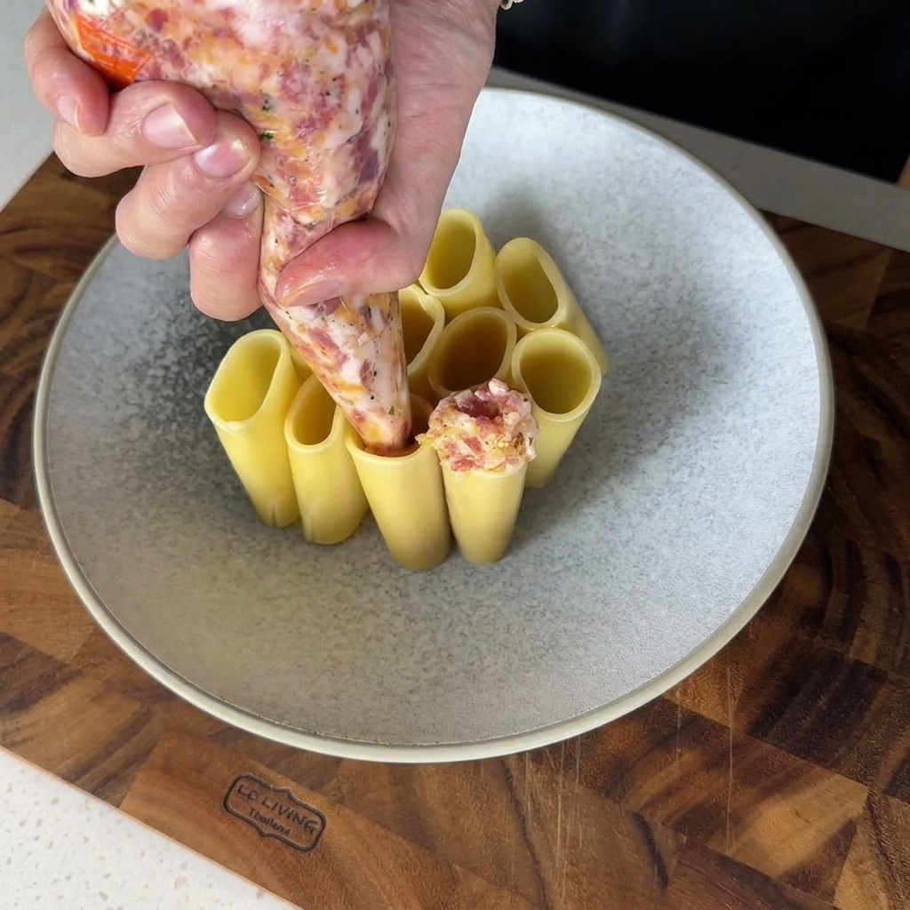 Mięsny farsz wyciskany do ugotowanej rurki makaronu rigatoni.