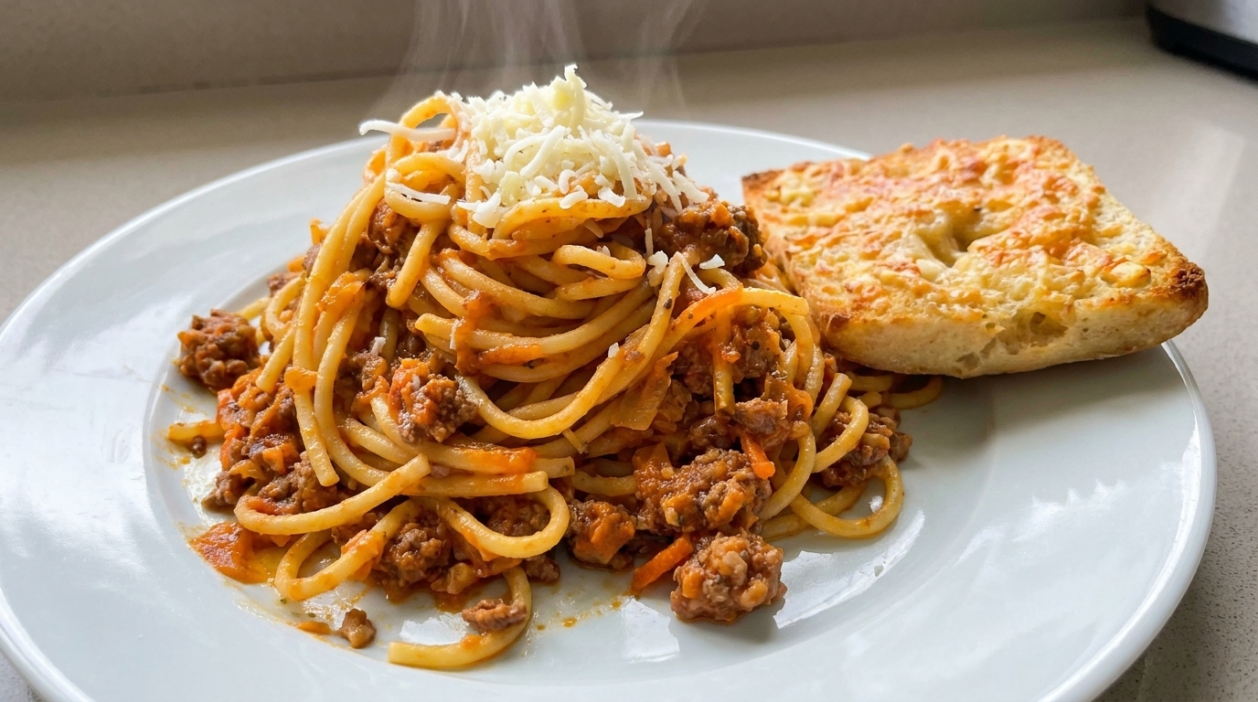 Makaron Bolognese z serowym czosnkowym chlebkiem