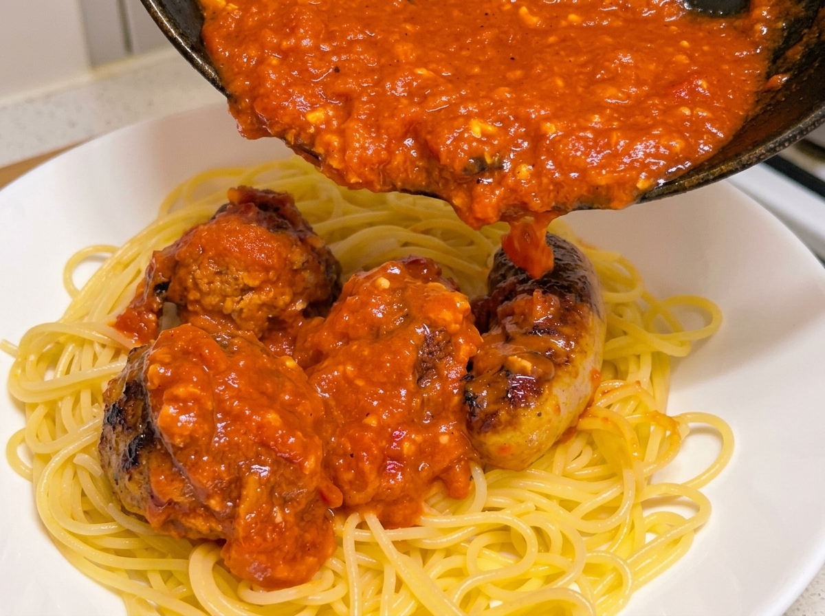 Patelnia z sosem i mięsem wylewana na ugotowane spaghetti w białej misce.
