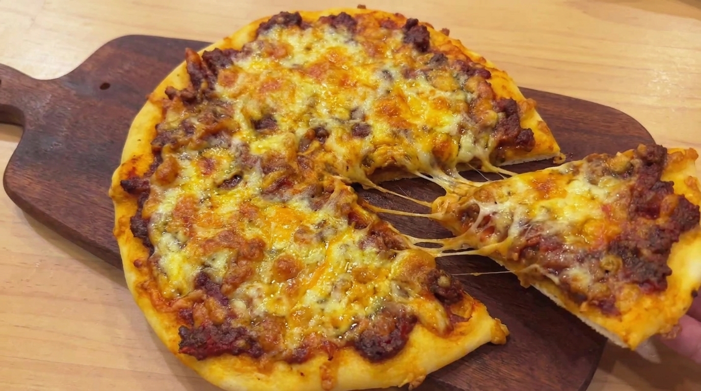 Domowa pizza na cienkim cieście z sosem mięsnym