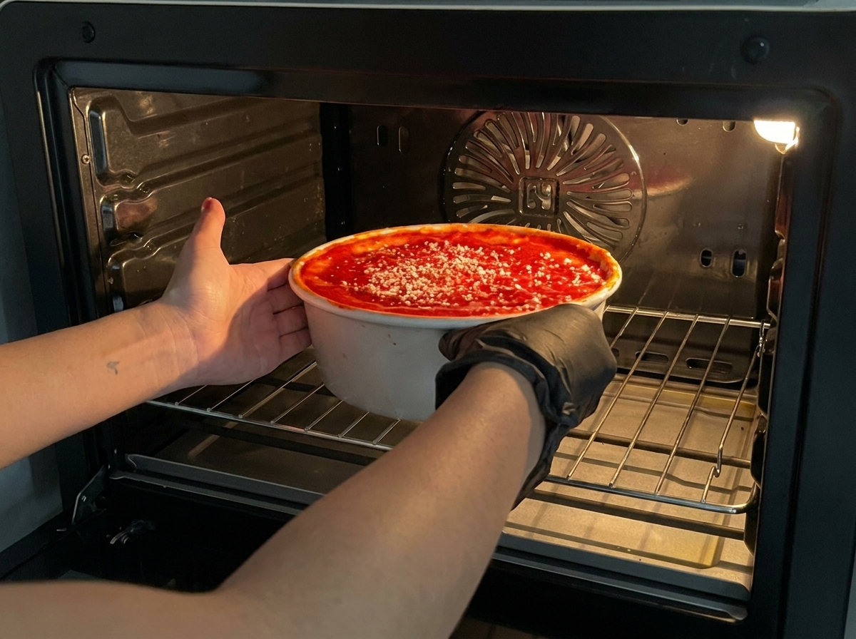 Forma z pizzą wsuwana ostrożnie do piekarnika.