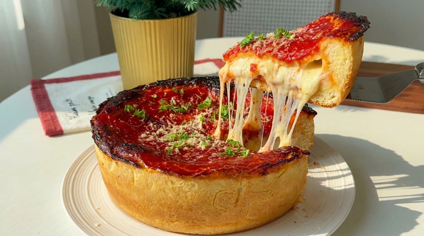 Idealnie upieczona, wysoka pizza Chicago deep dish z karmelizowanymi brzegami i wyrazistym, czerwonym sosem pomidorowym na wierzchu.