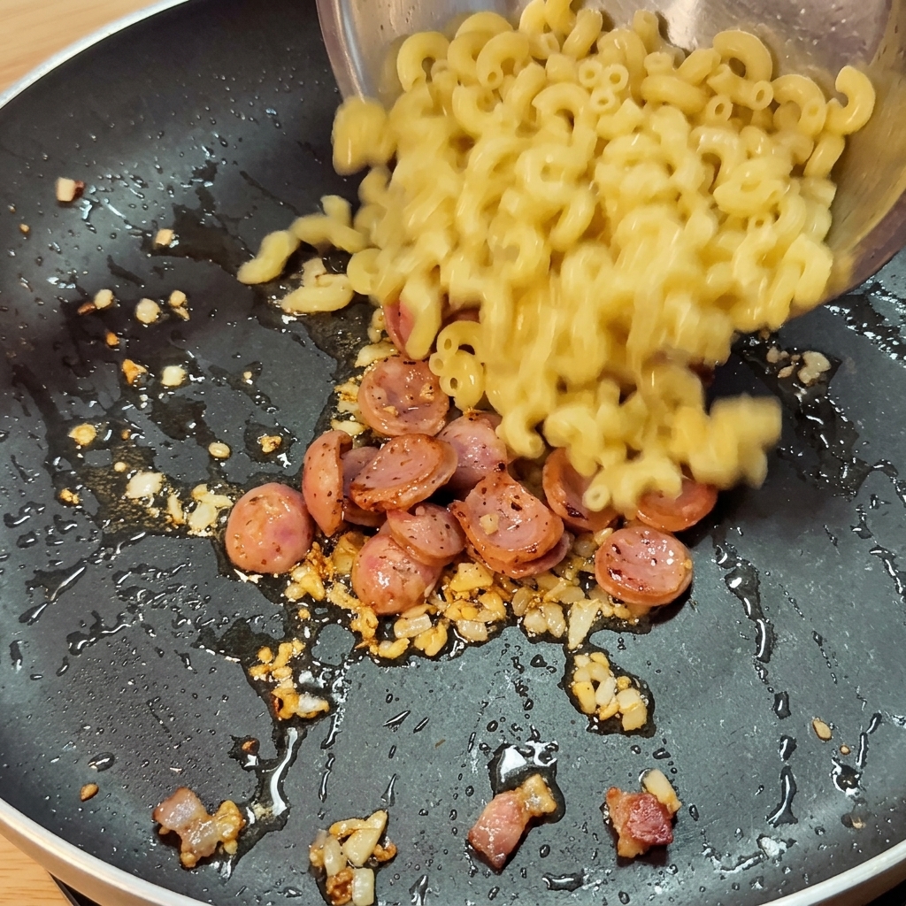 Ugotowany makaron wsypywany na patelnię z podsmażoną kiełbasą, aromatami i pikantnym sosem.