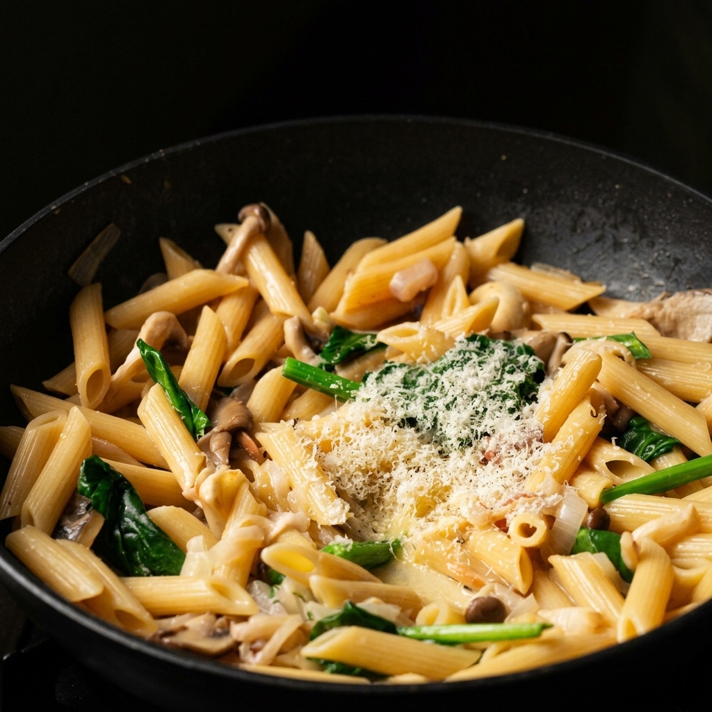 Grated parmesan cheese and black pepper on top of creamy mushroom and spinach penne.
