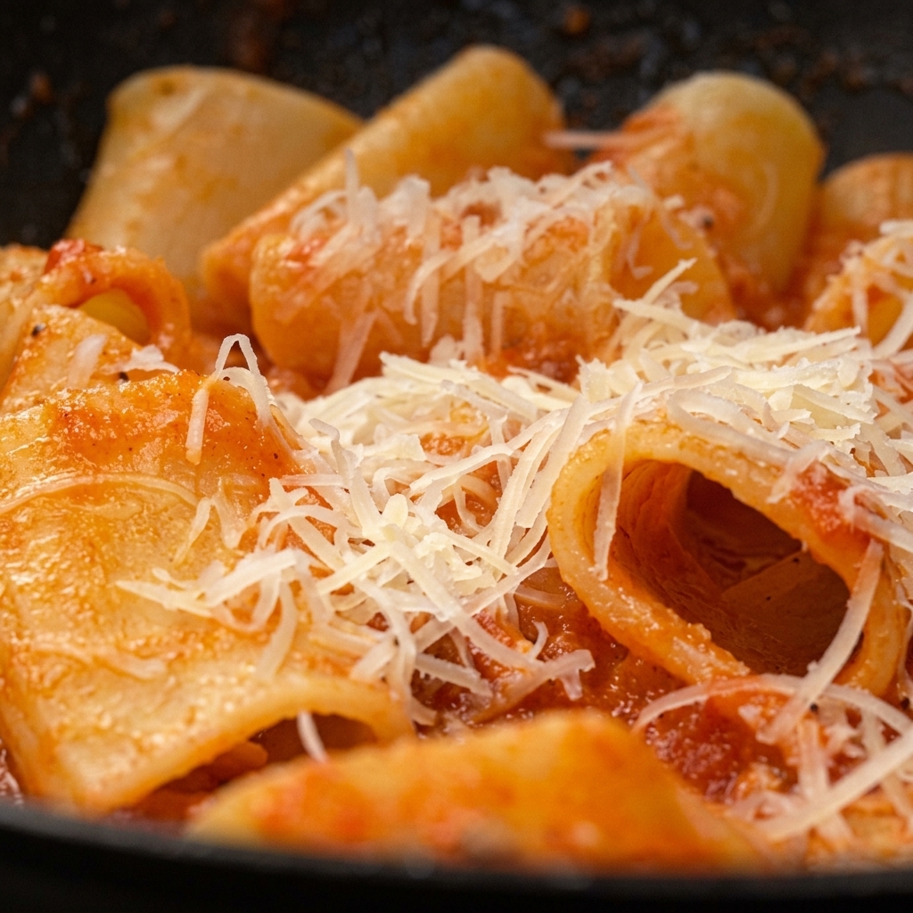 Zbliżenie na tarty ser posypywany na makaron paccheri w sosie pomidorowym na patelni.