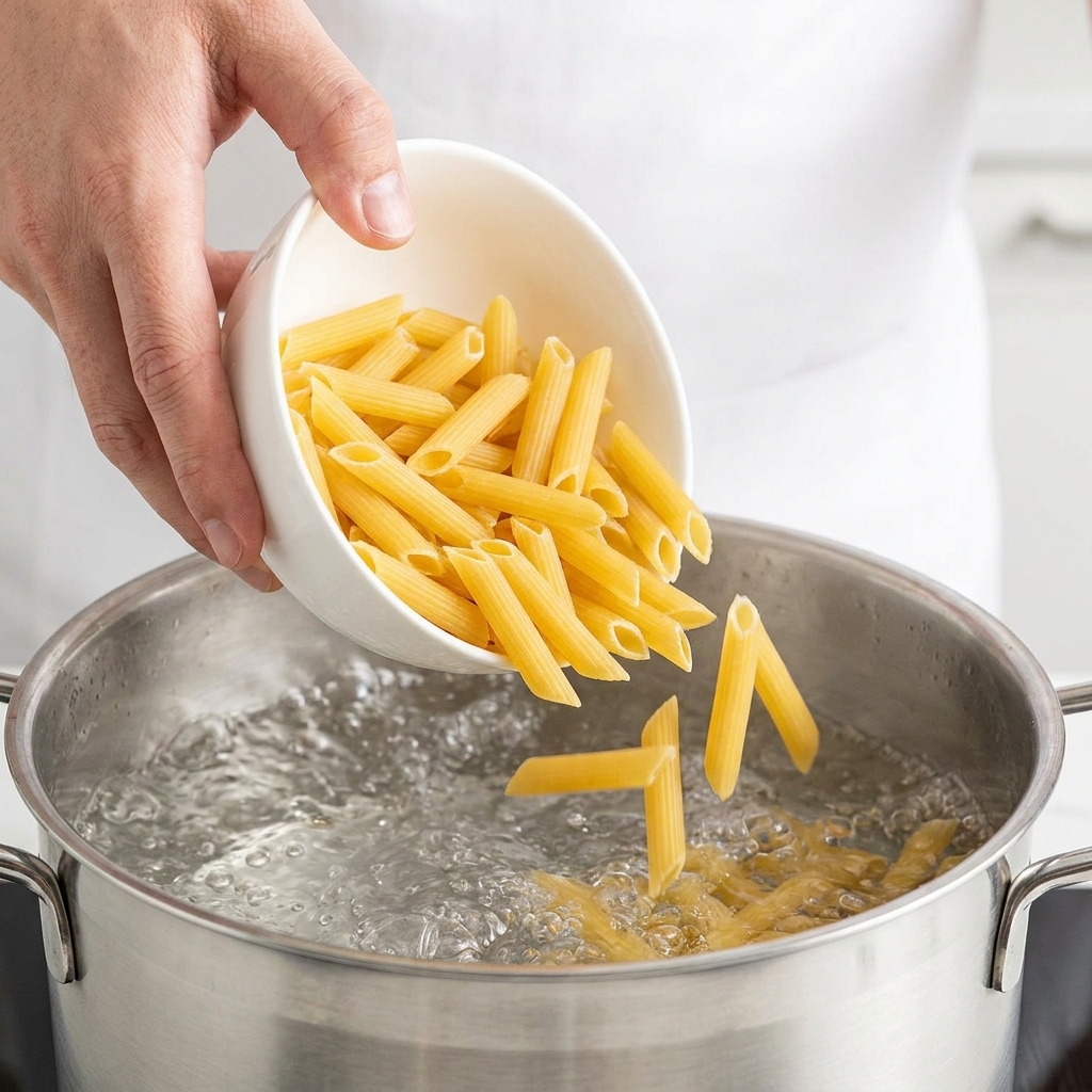 Ugotowany makaron penne wrzucany na patelnię z kremowym sosem grzybowym i tartym parmezanem.