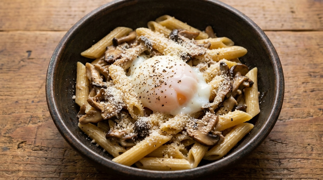 Kremowe penne z grzybami i jajkiem onsen tamago