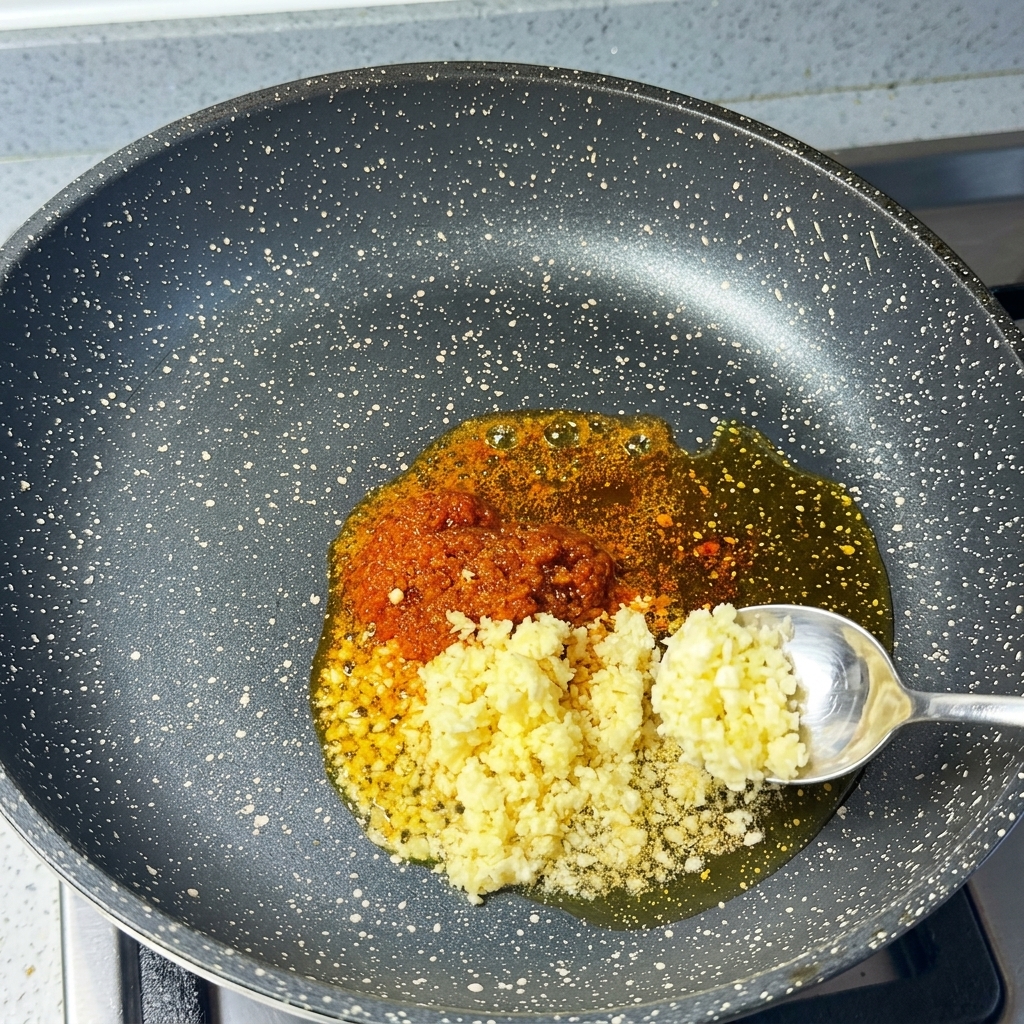 Łyżka posiekanego czosnku obok pasty chili smażącej się w gorącym oleju na patelni.