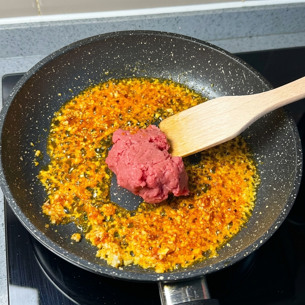 Surowa mielona wieprzowina na drewnianej łopatce dodawana do patelni z czerwonym olejem czosnkowo-chili.