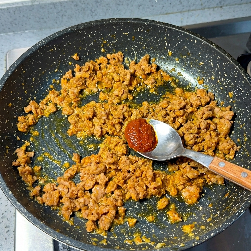 Metalowa łyżka trzymająca porcję czerwonej pasty miso nad usmażoną wieprzowiną na patelni.