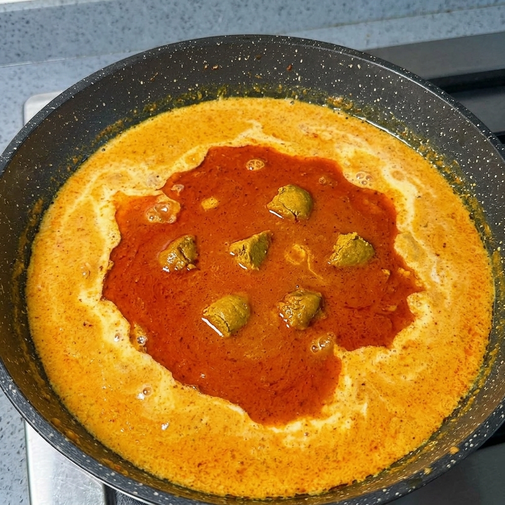 Kostki japońskiego curry roux rozpuszczające się w pomarańczowym, kremowym sosie na patelni.