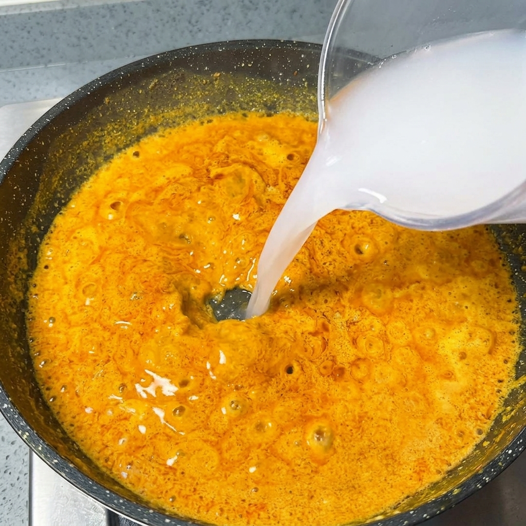 Woda wlewana z przezroczystej miarki do bulgoczącego sosu curry na patelni.