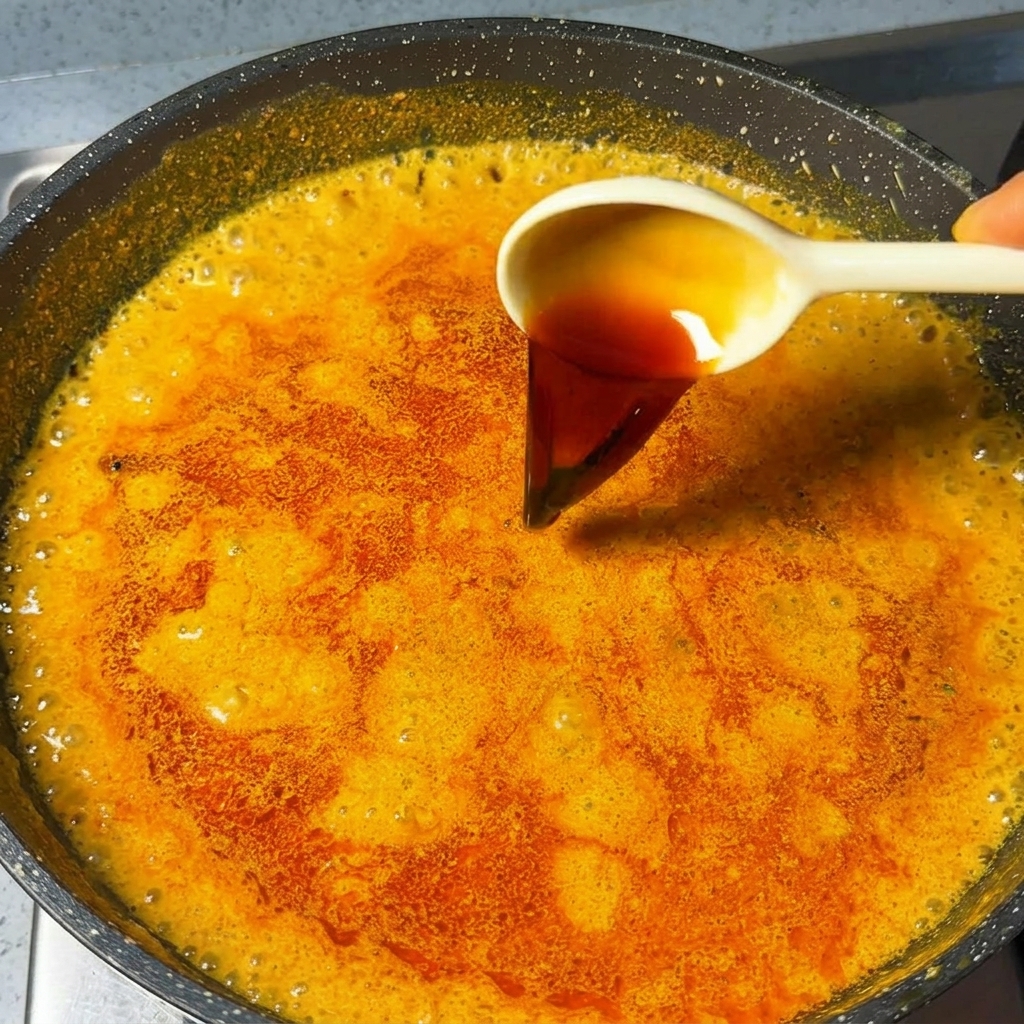 Biała łyżka wlewająca ciemny sos sojowy do bulgoczącego, pomarańczowego sosu curry.