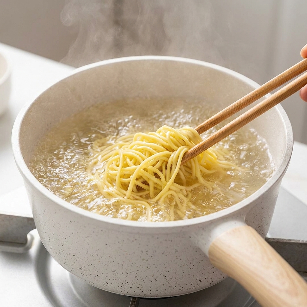 Żółty makaron ramen unoszony drewnianymi pałeczkami w białym ceramicznym garnku z wrzącą wodą.