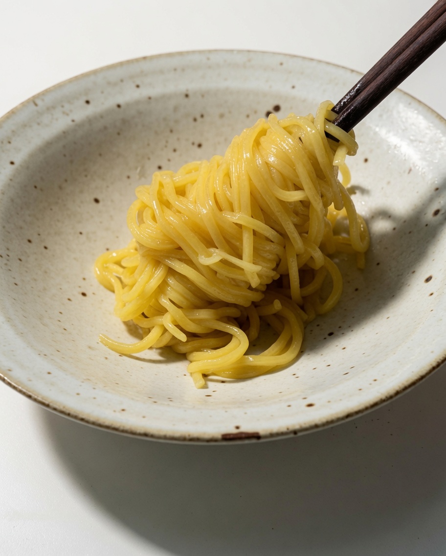 Ugotowany żółty makaron ramen układany ciemnymi pałeczkami w nakrapianej ceramicznej misce.