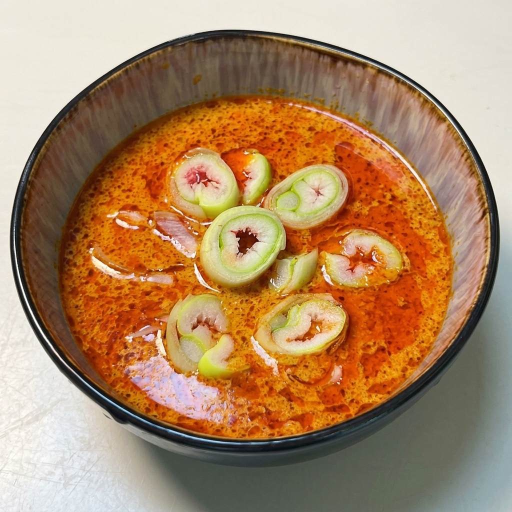Ceramiczna miska wypełniona pomarańczowo-brązowym sosem curry, posypana świeżą zieloną cebulką.