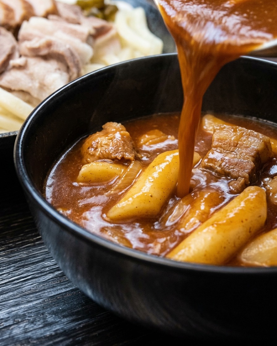 Gorący sos curry nalewany do czarnej miseczki do maczania.