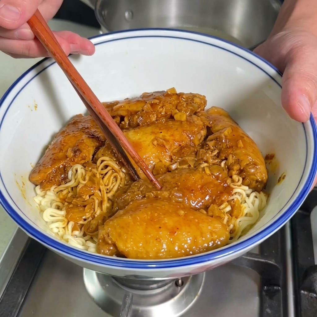Zbliżenie na skrzydełka z kurczaka gotujące się w gęstym, bogatym sosie curry wewnątrz garnka, z pałeczkami mieszającymi zawartość.