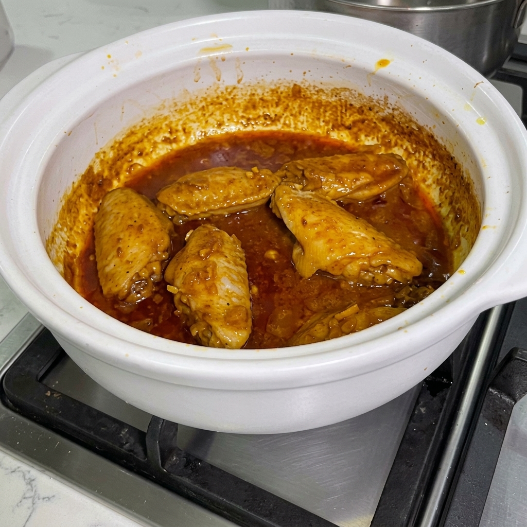 Sos satay dodawany i mieszany ze skrzydełkami z kurczaka w sosie curry w garnku.