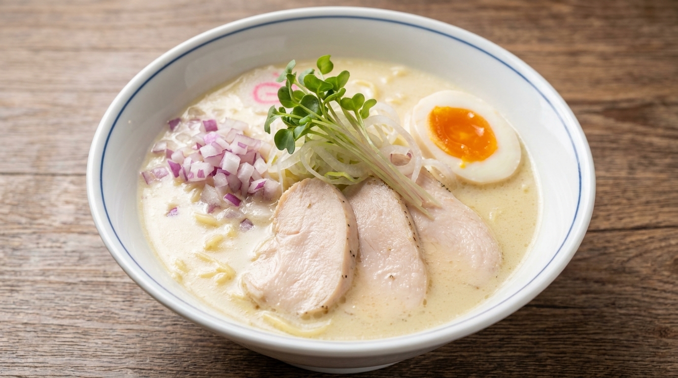 Parująca miska kremowego ramenu Chicken Paitan z dodatkiem delikatnej piersi z kurczaka sous-vide, świeżymi mikroziołami i jajkiem o idealnie kremowym żółtku.