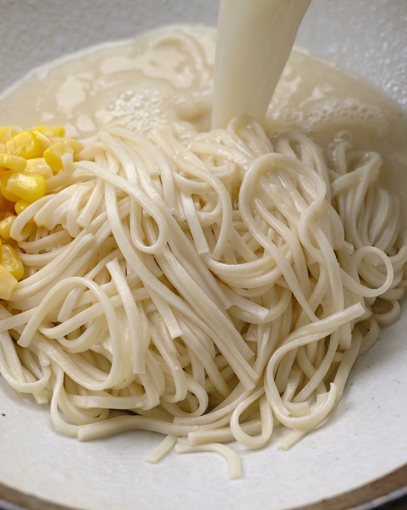 Bogaty kremowy bulion wylewany na miskę makaronu ramen z kukurydzą