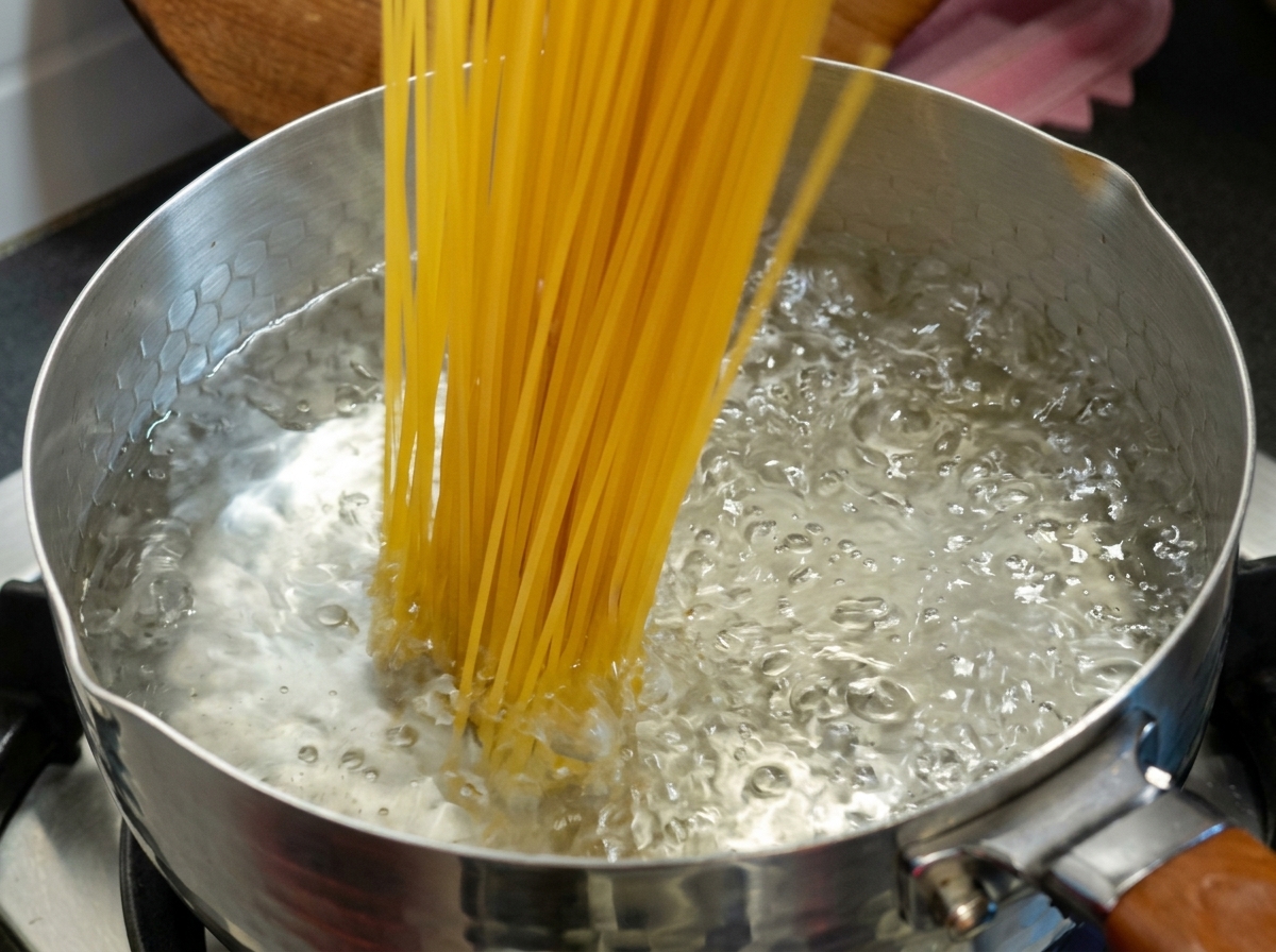 Długie nitki spaghetti zanurzane w garnku z bulgoczącą, wrzącą wodą.