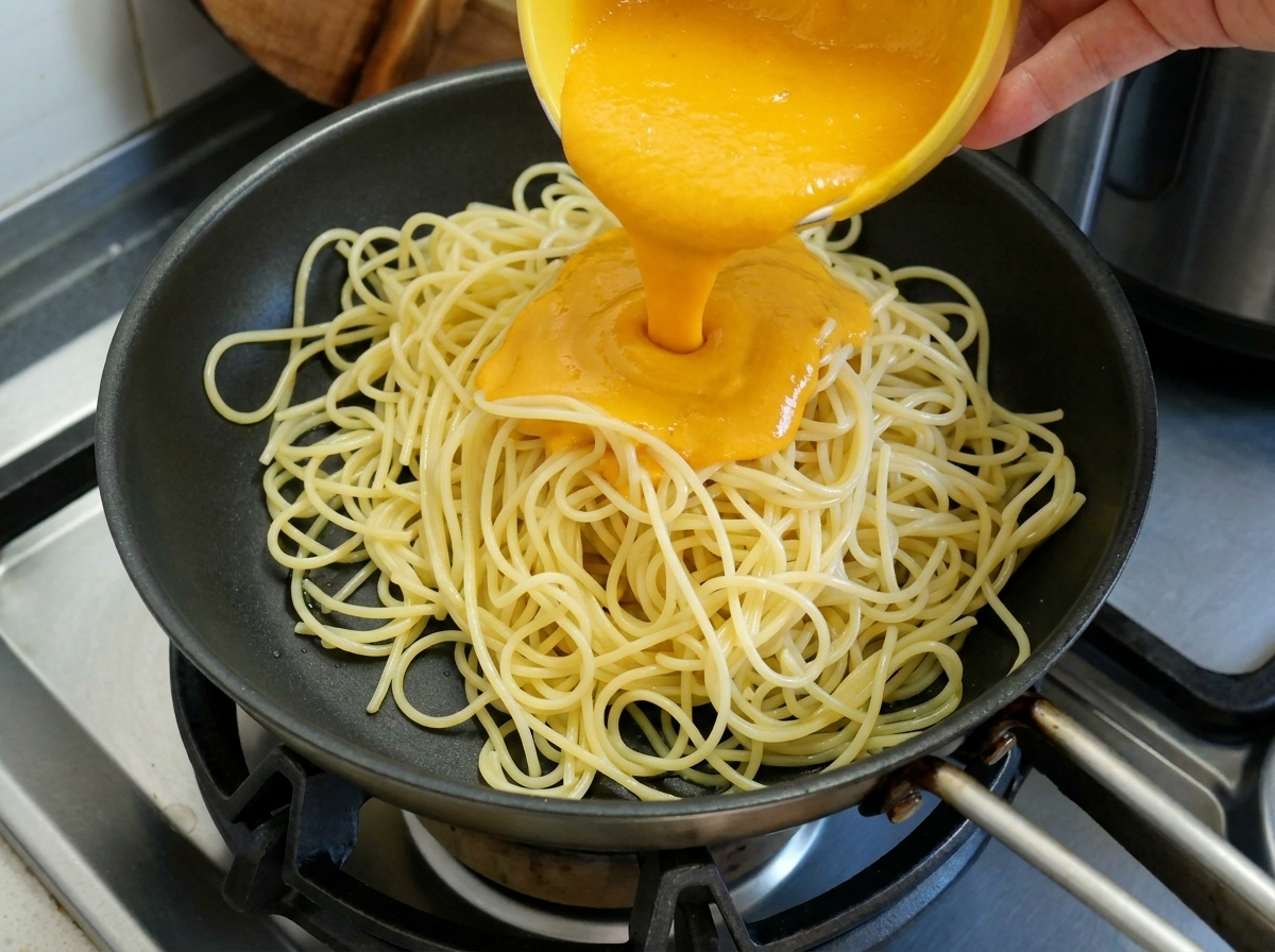 Gładki, jasnopomarańczowy sos dyniowy wylewany z żółtej miski na ugotowane spaghetti na czarnej patelni.