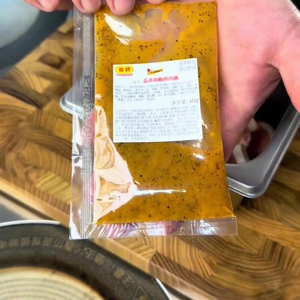 Sos czosnkowo-pieprzowy BBQ wyciskany na plastry surowej wołowiny w metalowej misce.