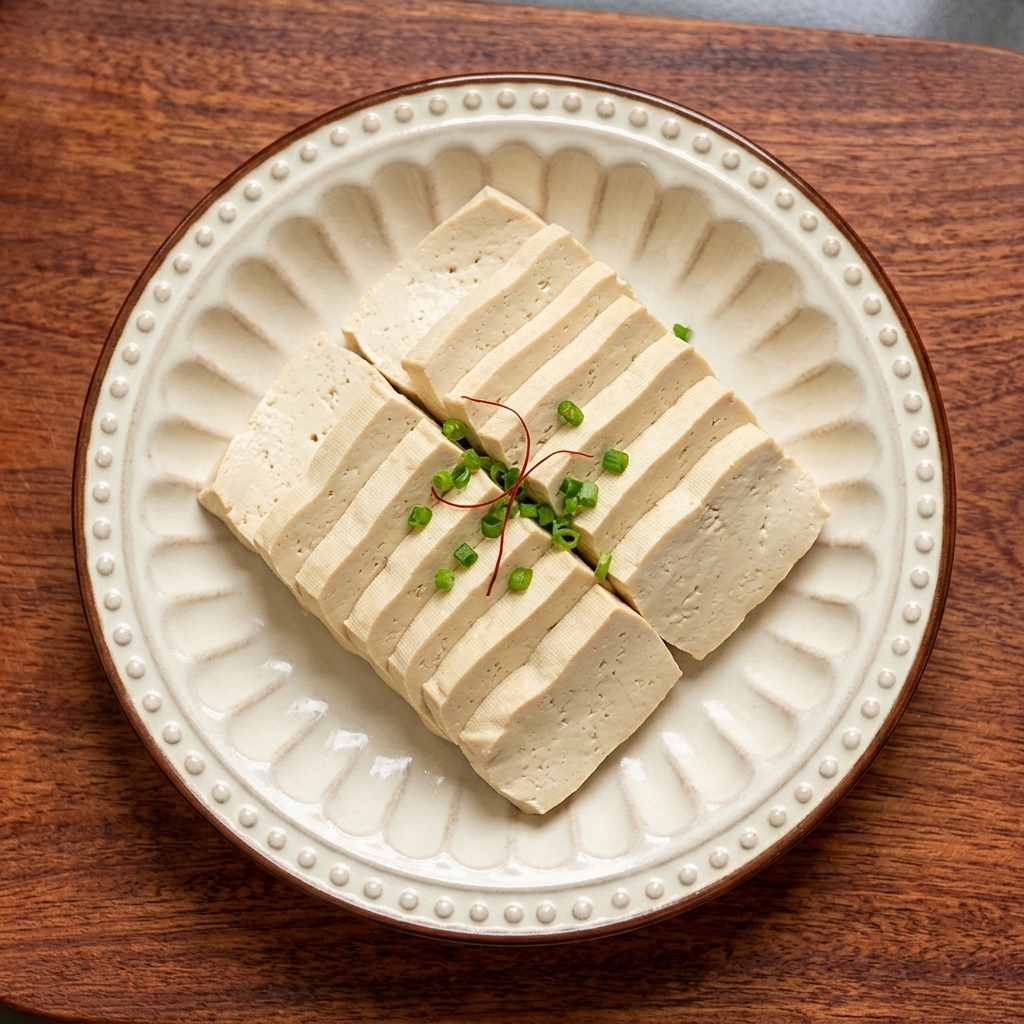 Plastry twardego tofu starannie ułożone na ozdobnym białym ceramicznym talerzu, gotowe do grillowania.