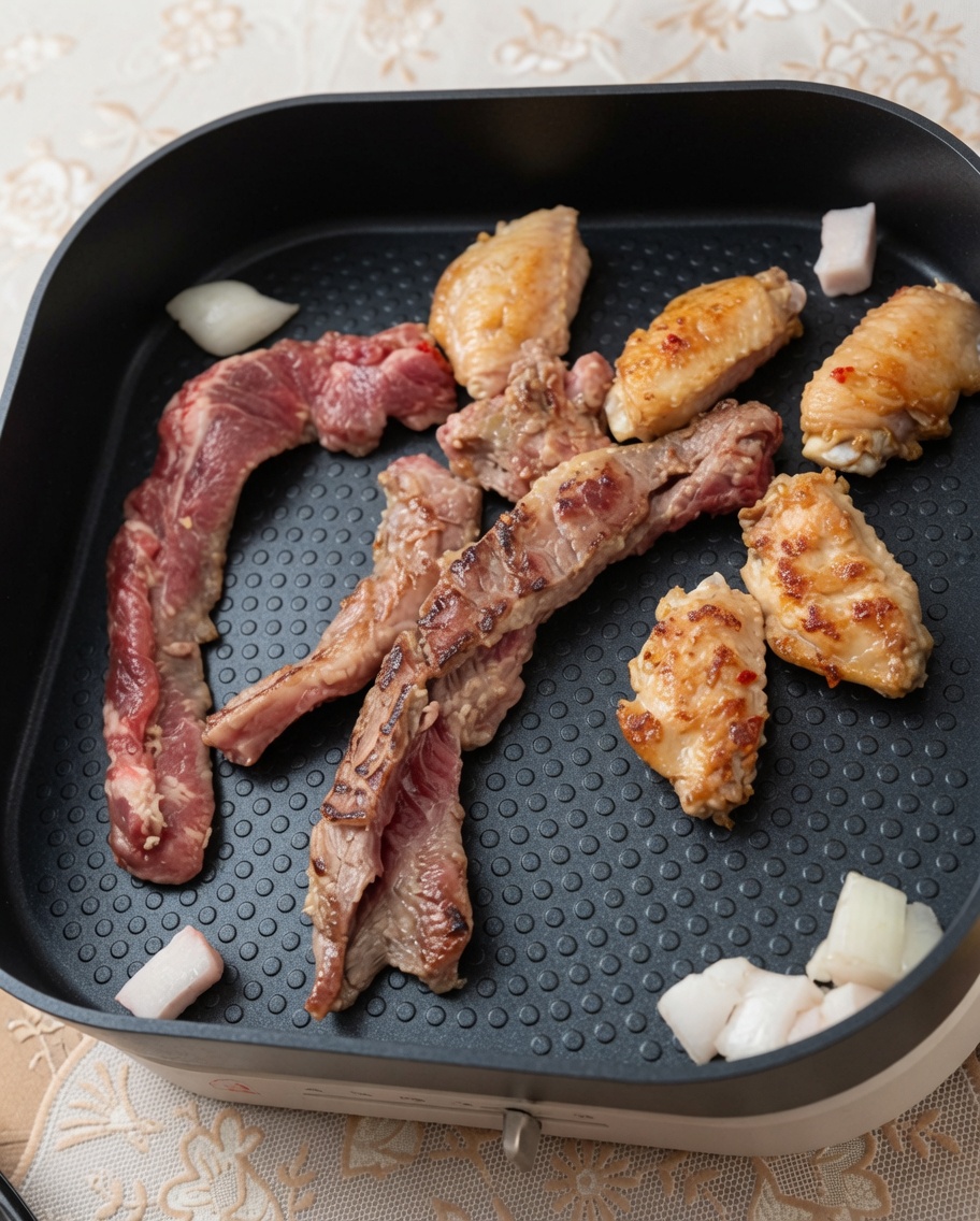 Marynowane paski steku i skrzydełka kurczaka piekące się na kwadratowym grillu elektrycznym.