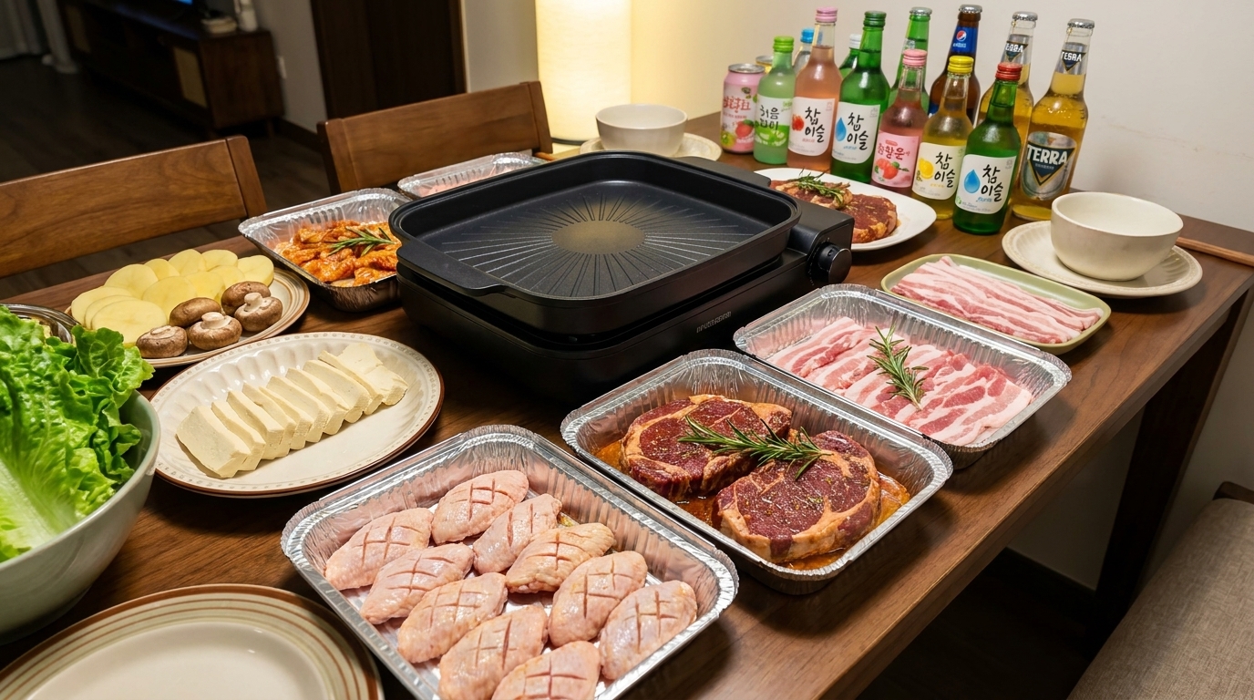 Tętniący życiem stół z marynowanymi mięsami, świeżymi warzywami i tofu, gotowymi do grillowania w koreańskim stylu.