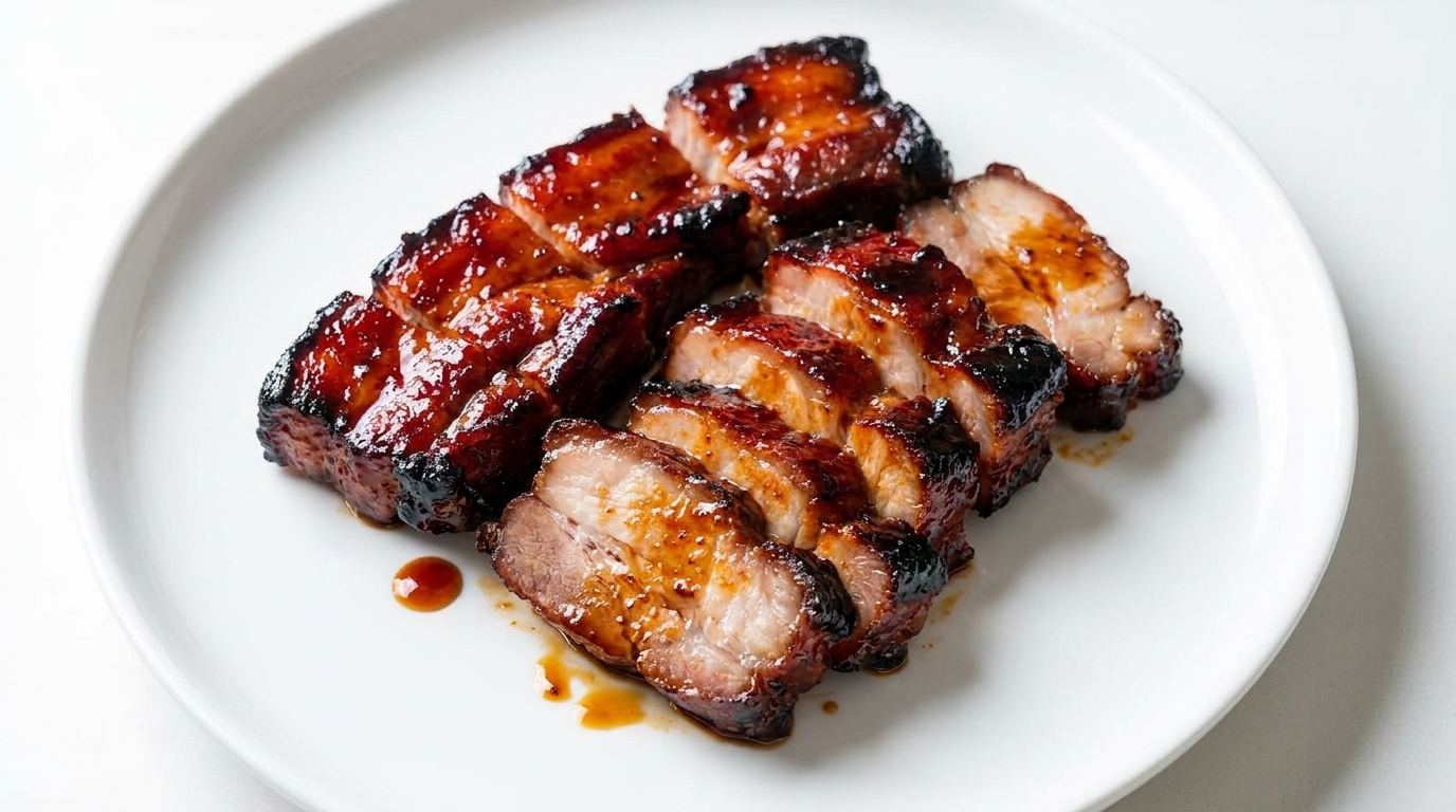 Plastry delikatnego boczku char siu w miodowej glazurze ze skarmelizowanym wykończeniem.