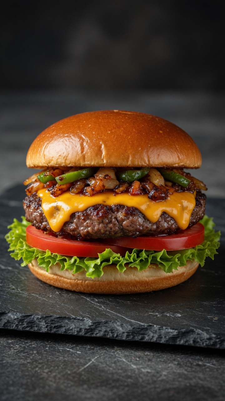 Rzemieślniczy meksykański burger z chili, soczystą wołowiną, roztopionym serem cheddar i grillowaną papryką w zrumienionej bułce.