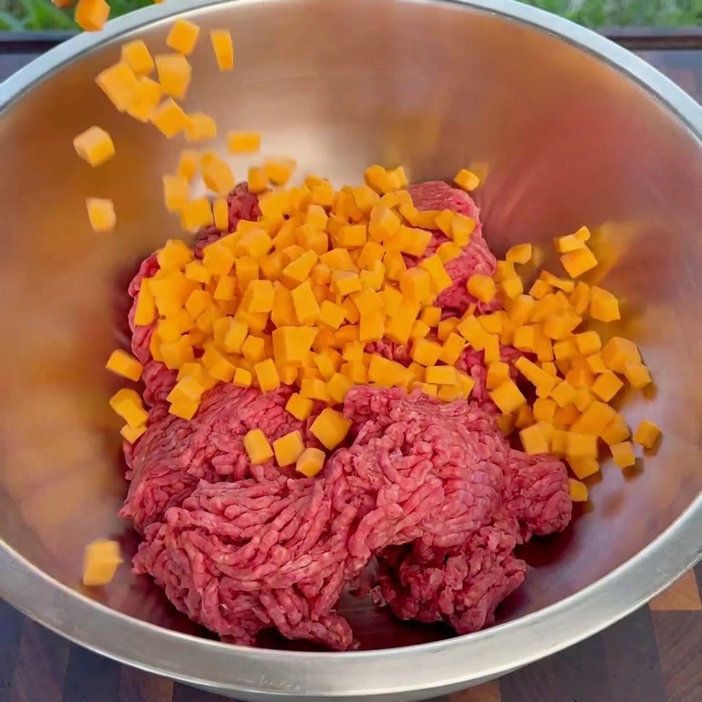 Kostki pomarańczowego sera cheddar wrzucane do miski ze stali nierdzewnej wypełnionej mieloną wołowiną.