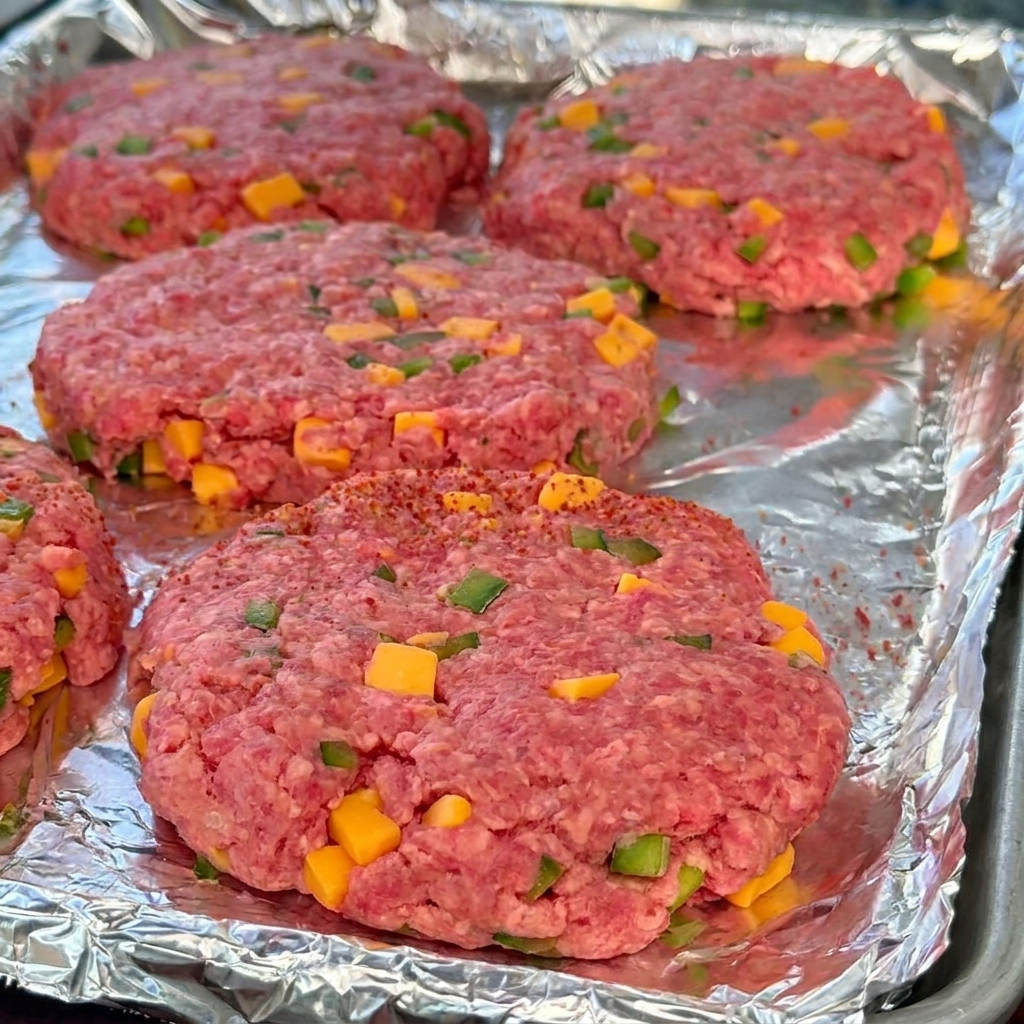 Cztery grube surowe kotlety wołowe z widocznymi kawałkami sera i papryki, lekko oprószone czerwoną przyprawą BBQ na tacy wyłożonej folią aluminiową.