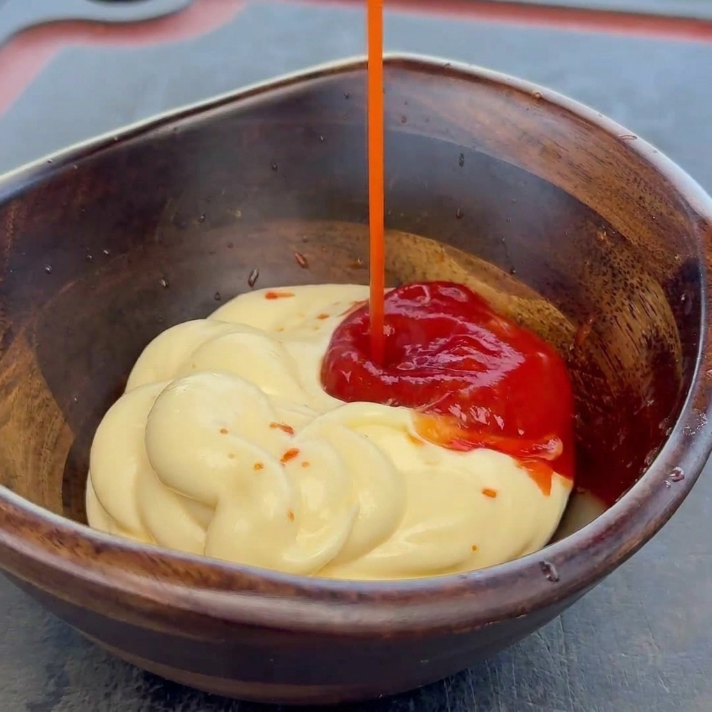 Czerwony ketchup wlewany do małej drewnianej miseczki zawierającej kremowy majonez.