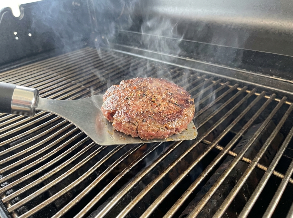 Gruby, przyrumieniony kotlet wołowy odwracany na drugą stronę na grillu.