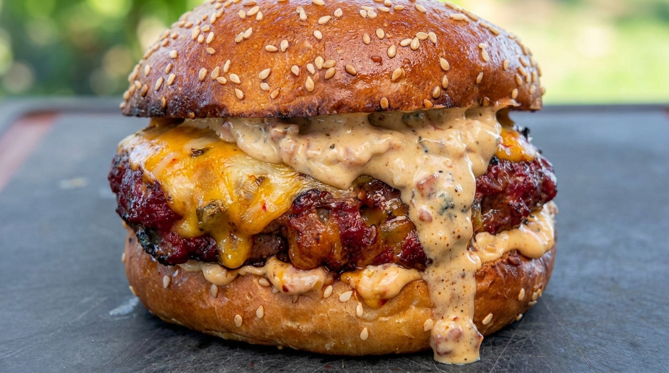 Wyjątkowy wędzony burger z bekonem i pikantną wołowiną