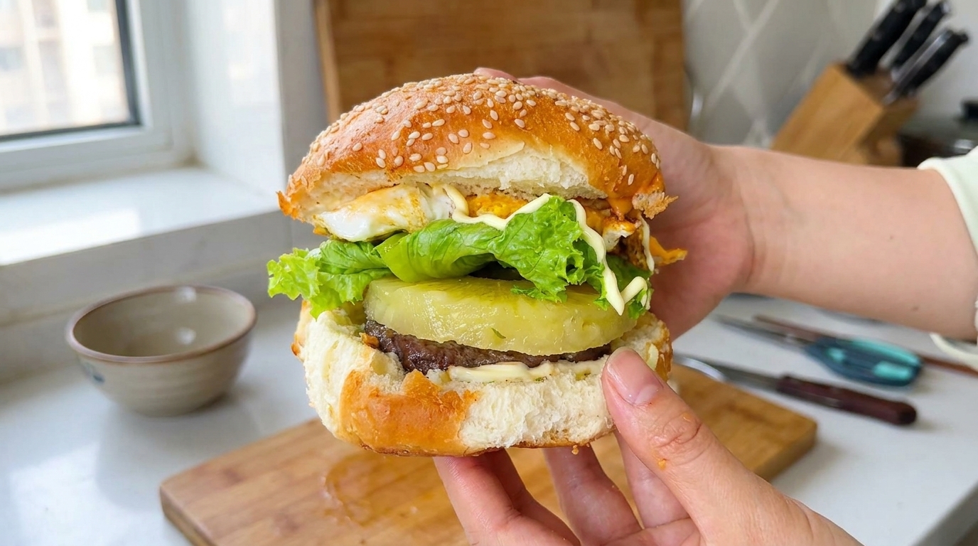 Wysoki, domowy burger z soczystym kotletem wołowym, grillowanym ananasem, świeżą sałatą i jajkiem sadzonym.