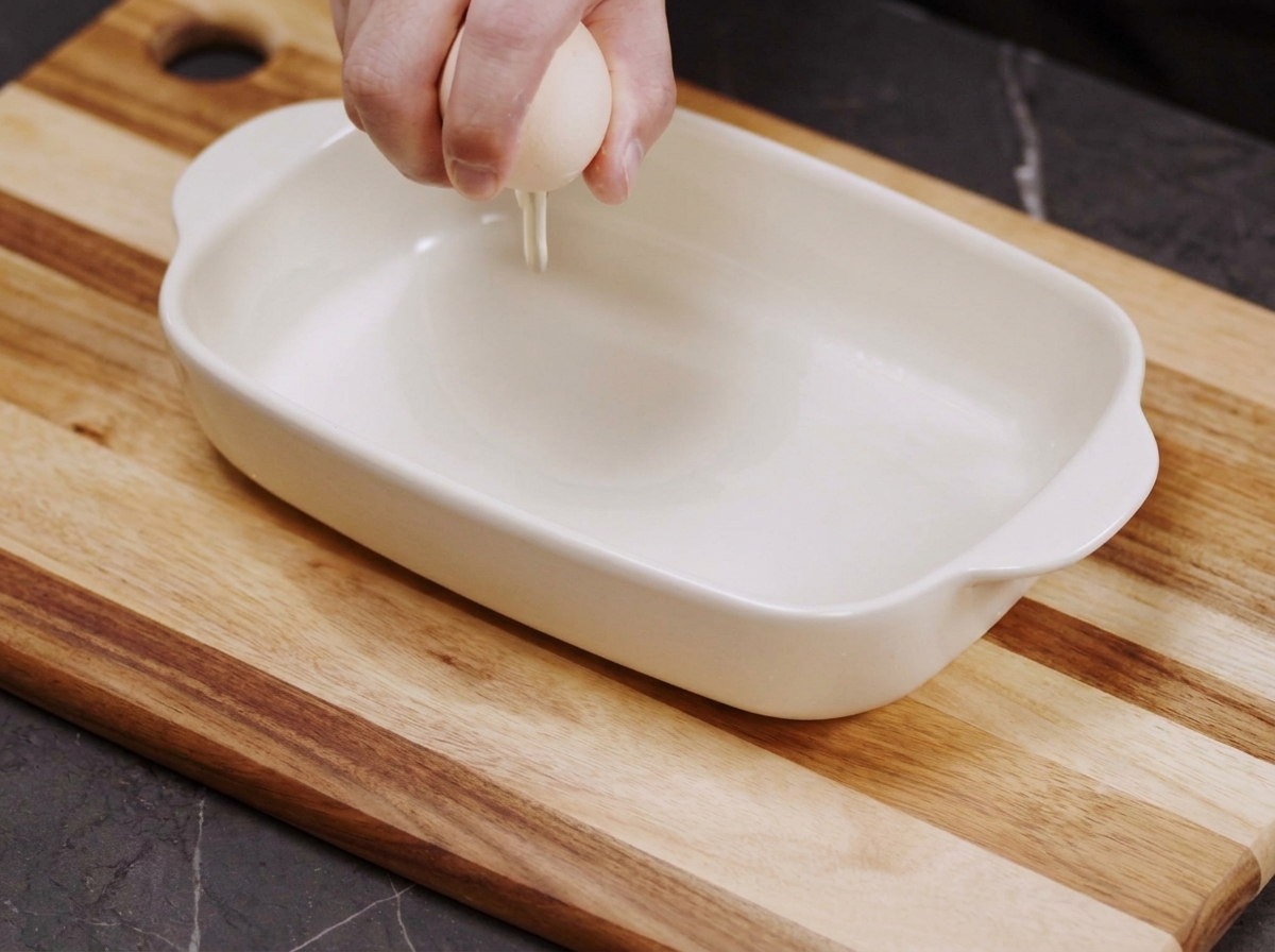 Ręka wbijająca jajko do białego ceramicznego naczynia przed roztrzepaniem.