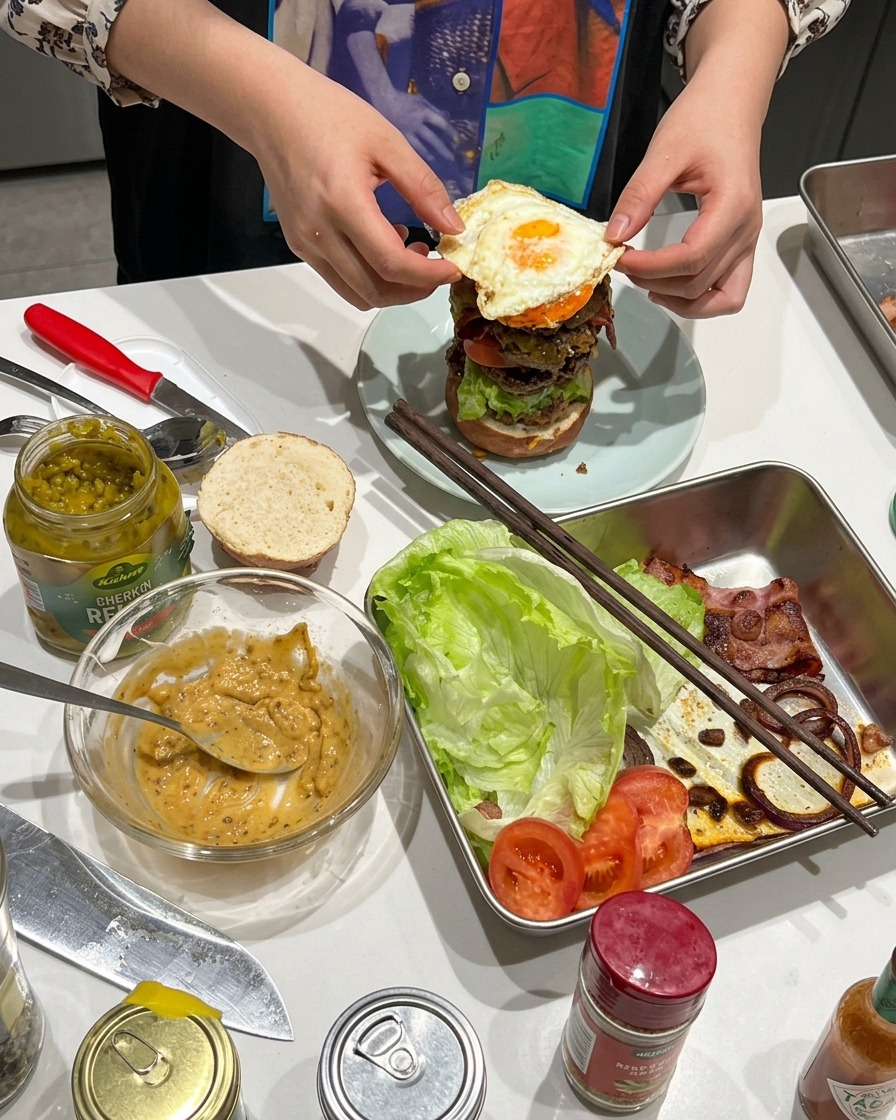 Świeżo usmażone jajko sadzone kładzione na burgera.