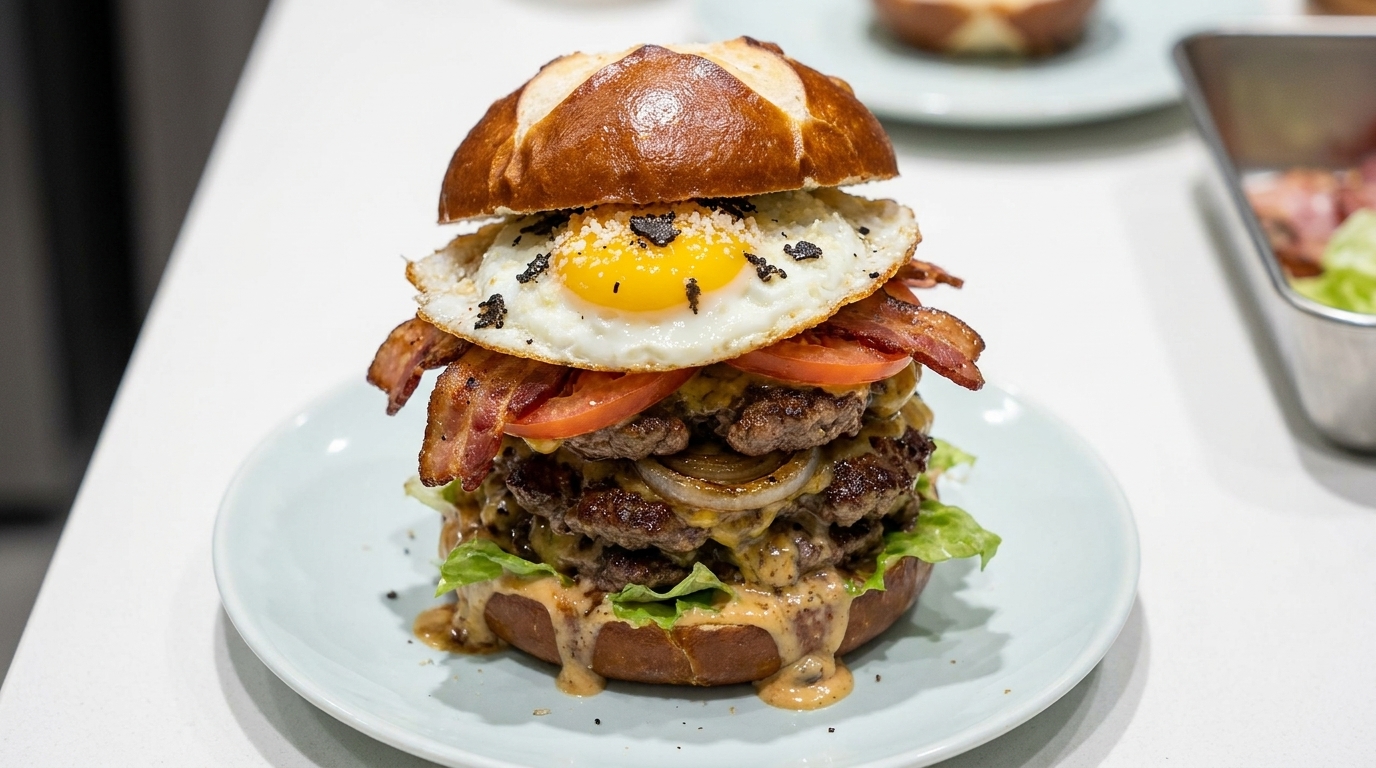 Wyjątkowy burger z czarną truflą, parmezanem i preclem