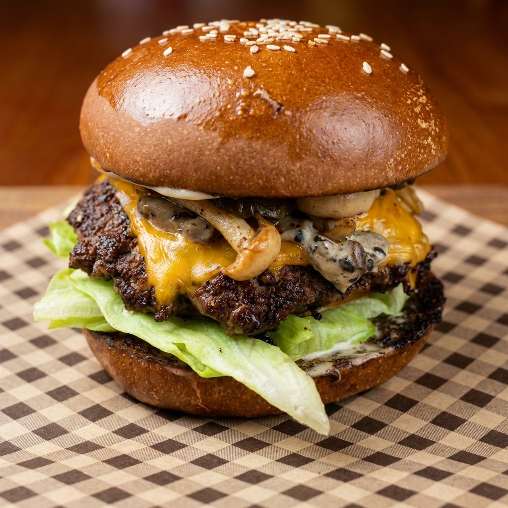 W pełni złożony burger z widocznymi warstwami sałaty, pomidora, sera i grzybów.